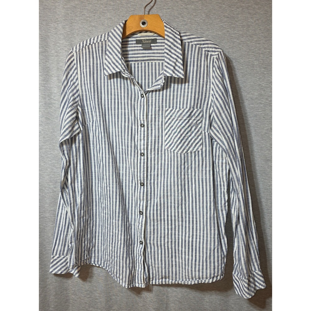 Natural Reflections Womens Blue White Striped Button Down Shirt Long Sleeve L